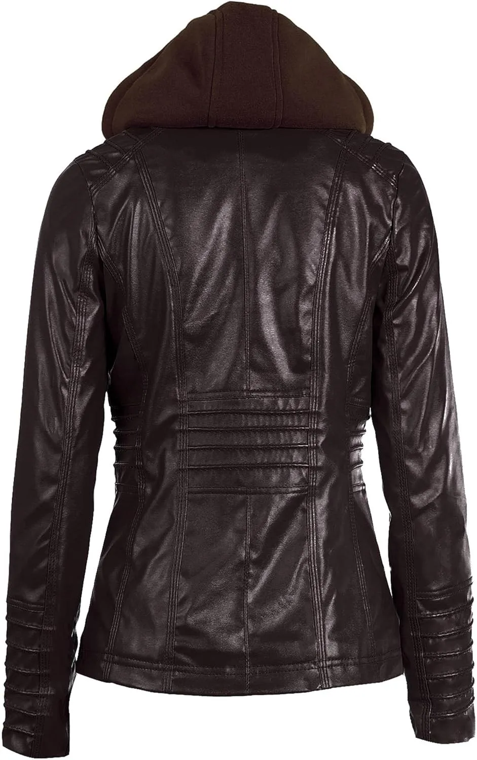 BOFETA Women Solid Color Long Sleeve Jackets Zipper Hooded Jacket Faux Leather Casual with Pockets Coat