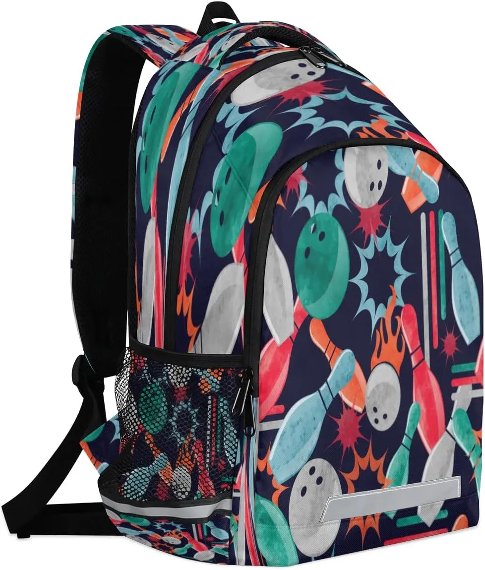 Bowling Print Laptop Backpack Lightweight College Backpack with Reflective Strip for Men Women Adult Casual Travel Hiking Gym Work Daypack