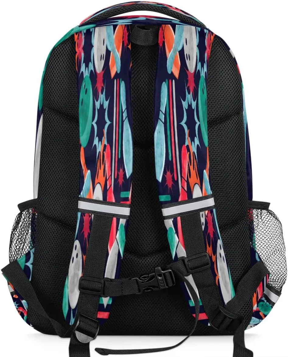 Bowling Print Laptop Backpack Lightweight College Backpack with Reflective Strip for Men Women Adult Casual Travel Hiking Gym Work Daypack
