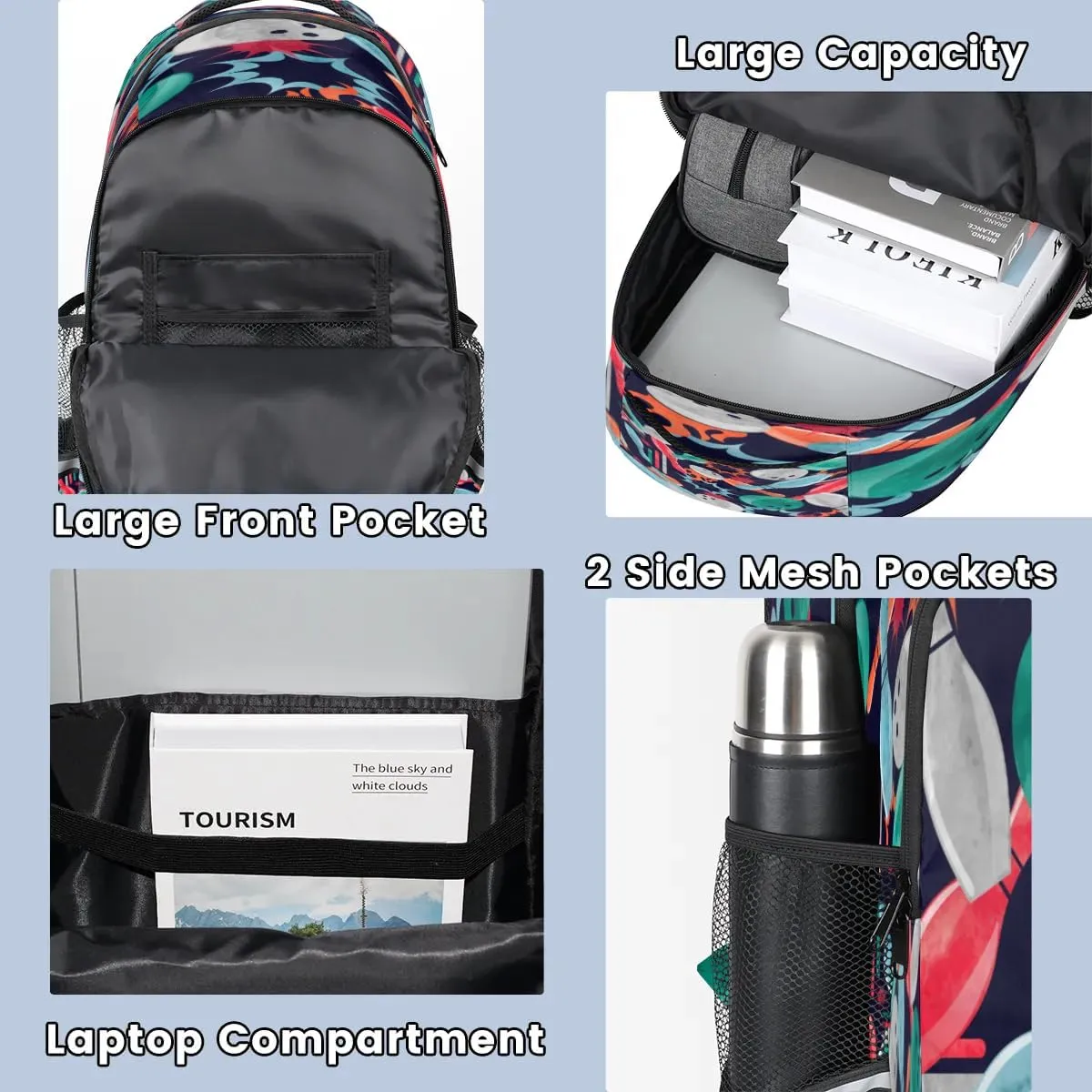 Bowling Print Laptop Backpack Lightweight College Backpack with Reflective Strip for Men Women Adult Casual Travel Hiking Gym Work Daypack