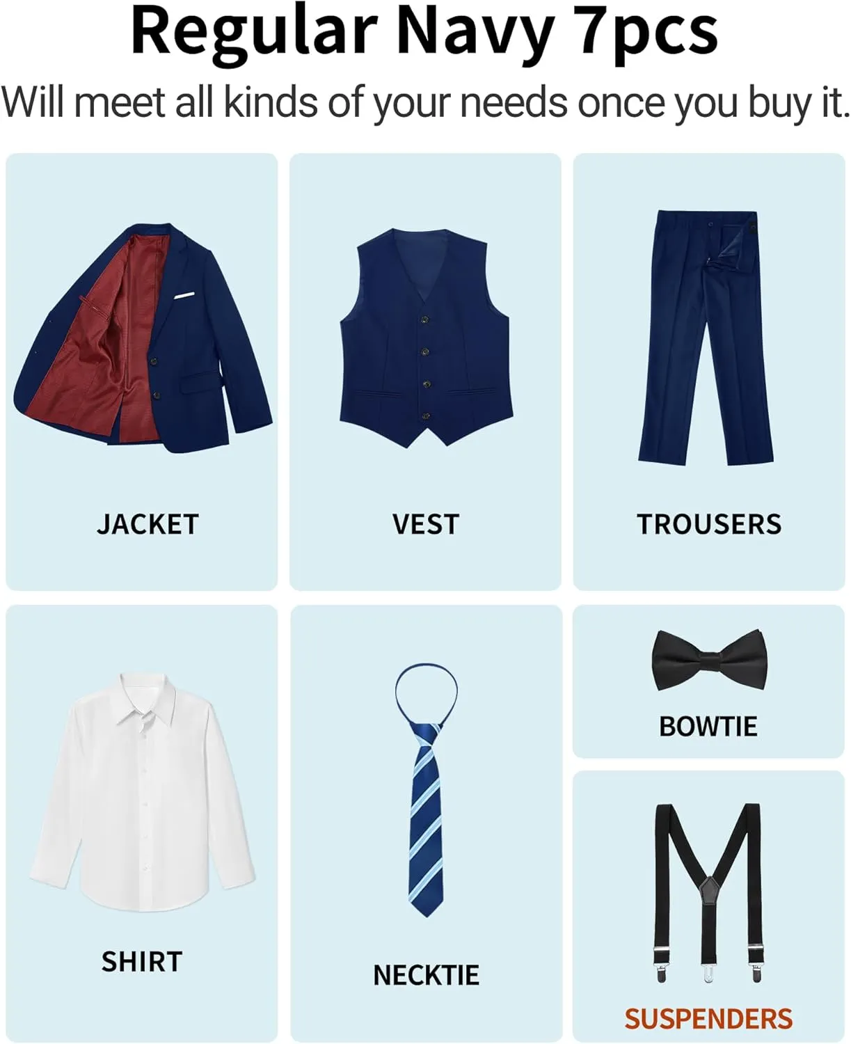 Boys Suit Set with Suspenders, Suit with 3 Versions-Regular, Slim and Husky