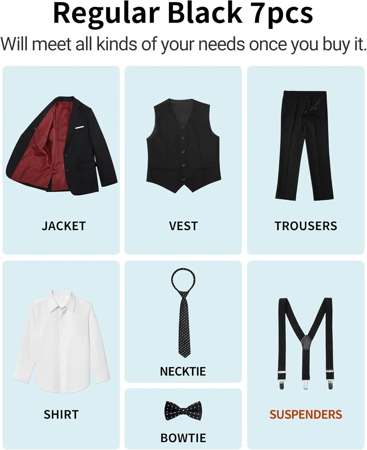 Boys Suit Set with Suspenders, Suit with 3 Versions-Regular, Slim and Husky