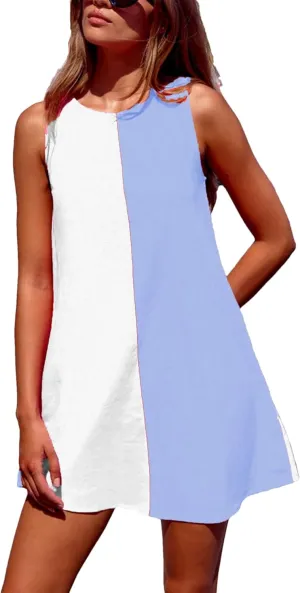 Bozanly Womens Summer Cotton Short Dresses Sleeveless Color Block Crew Neck Slim Tank Mini Dresses(0990-WhiteBlue-S)