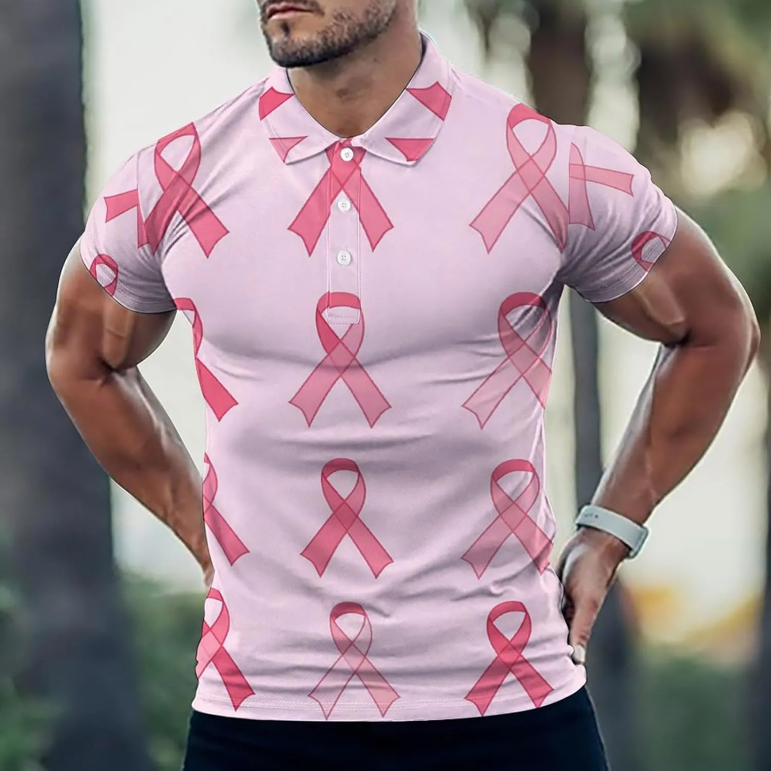 Breast Cancer Ribbon Mens Polo Shirts Quick Dry Short Sleeve T-shirts Slim Tennis Collared Tees Tops