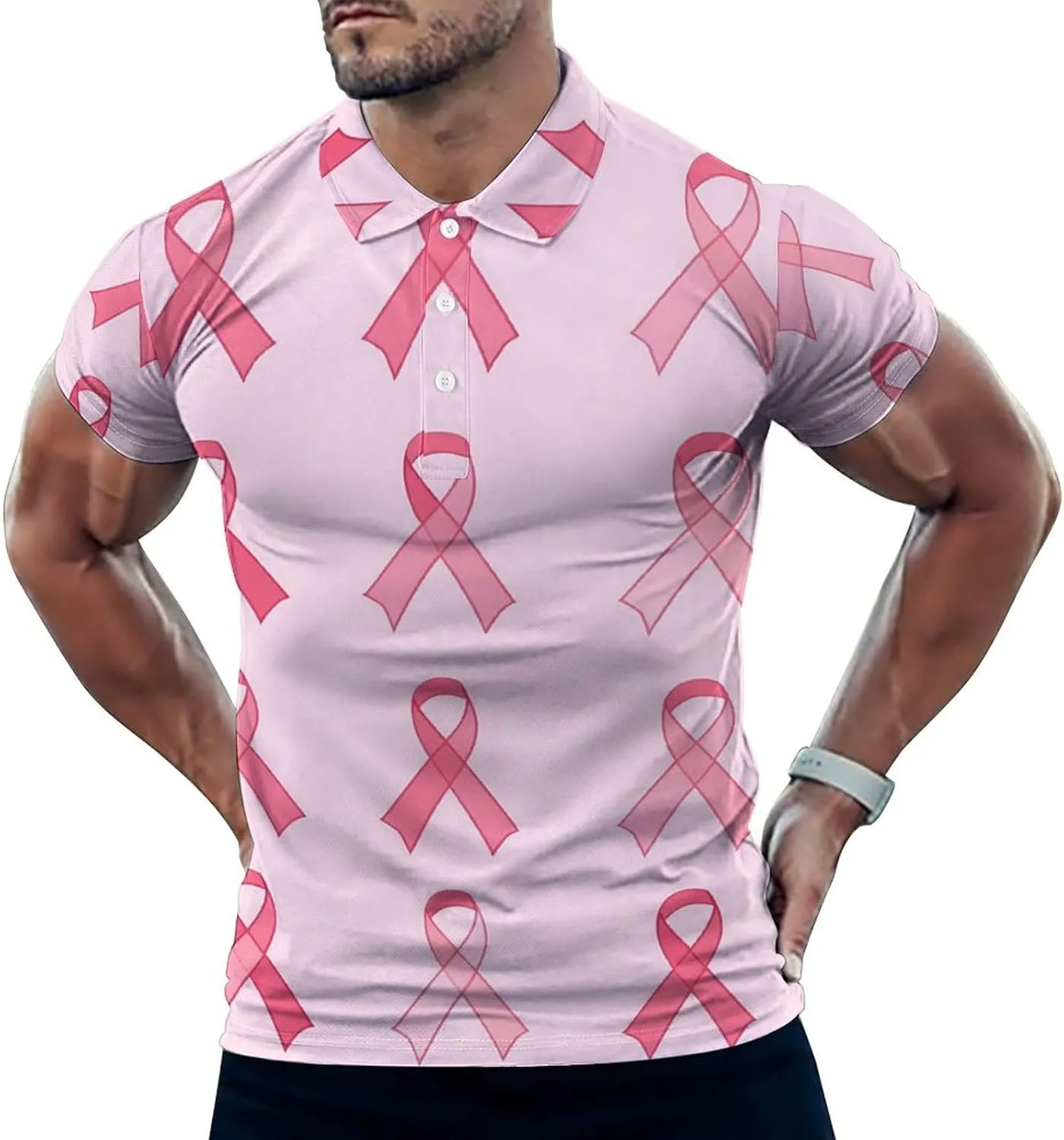 Breast Cancer Ribbon Mens Polo Shirts Quick Dry Short Sleeve T-shirts Slim Tennis Collared Tees Tops