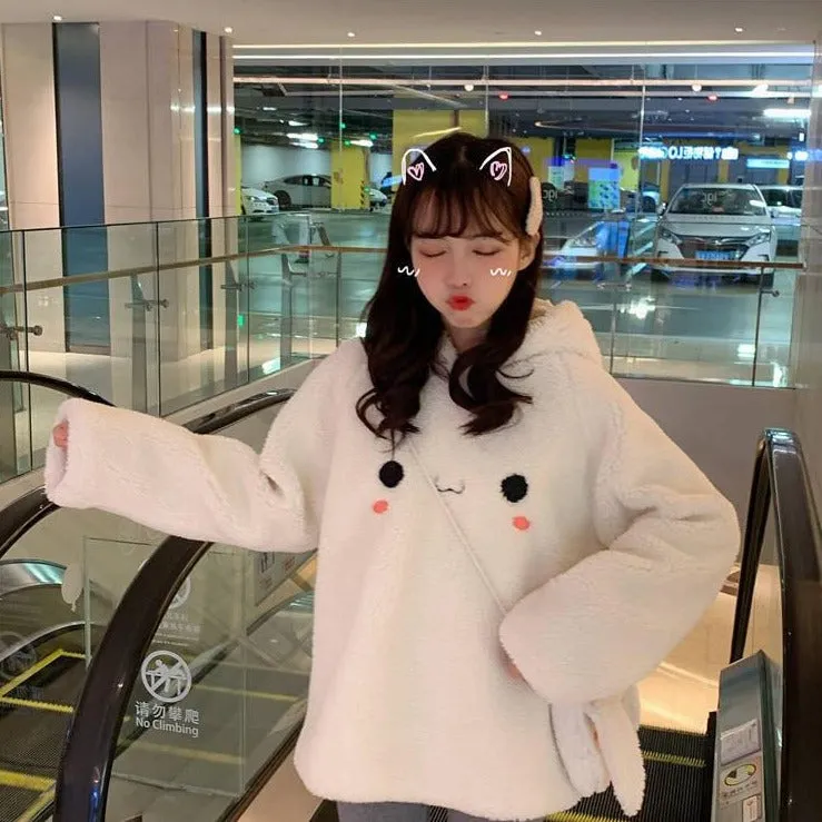 Bunny Rabbit Ear Fleece Women's Hoodie and Bag Cute Long Sleeve Girls Hoodie Kawaii Animal Harajuku
