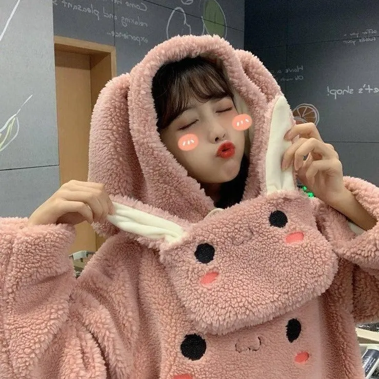 Bunny Rabbit Ear Fleece Women's Hoodie and Bag Cute Long Sleeve Girls Hoodie Kawaii Animal Harajuku
