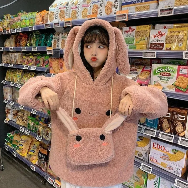 Bunny Rabbit Ear Fleece Women's Hoodie and Bag Cute Long Sleeve Girls Hoodie Kawaii Animal Harajuku