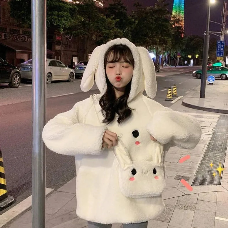Bunny Rabbit Ear Fleece Women's Hoodie and Bag Cute Long Sleeve Girls Hoodie Kawaii Animal Harajuku