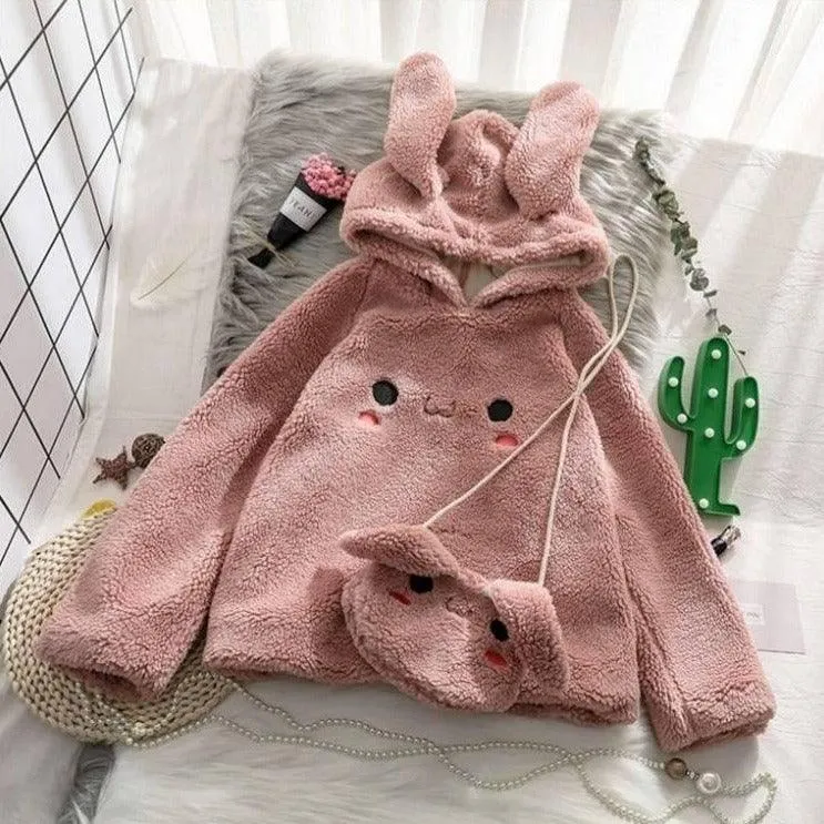 Bunny Rabbit Ear Fleece Women's Hoodie and Bag Cute Long Sleeve Girls Hoodie Kawaii Animal Harajuku