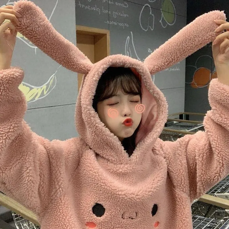 Bunny Rabbit Ear Fleece Women's Hoodie and Bag Cute Long Sleeve Girls Hoodie Kawaii Animal Harajuku