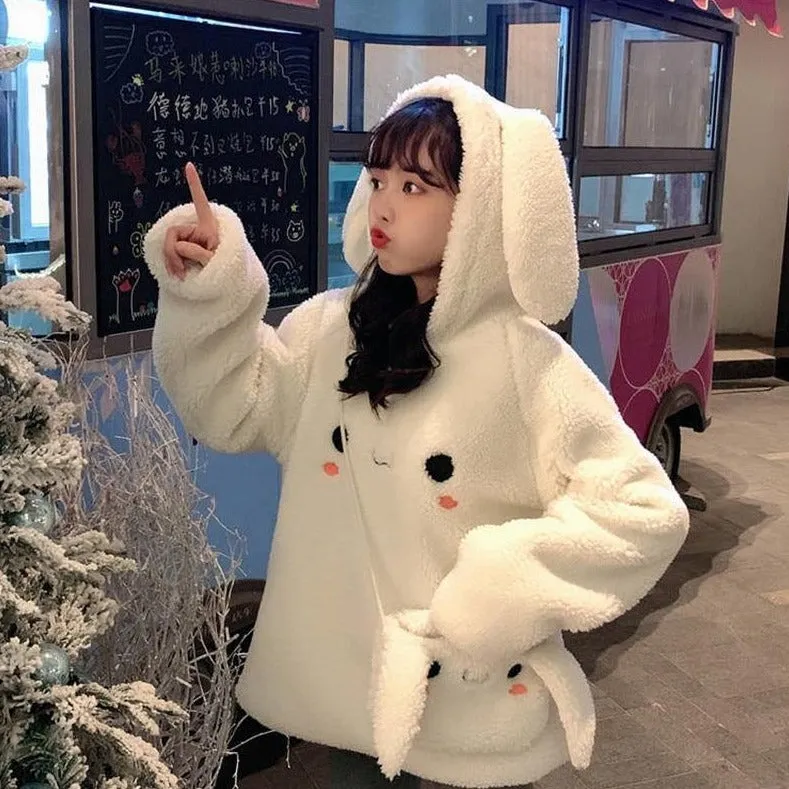 Bunny Rabbit Ear Fleece Women's Hoodie and Bag Cute Long Sleeve Girls Hoodie Kawaii Animal Harajuku