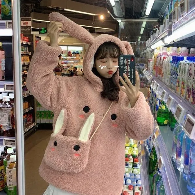 Bunny Rabbit Ear Fleece Women's Hoodie and Bag Cute Long Sleeve Girls Hoodie Kawaii Animal Harajuku