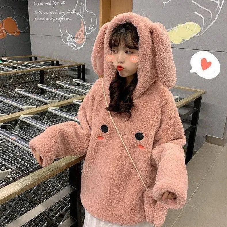 Bunny Rabbit Ear Fleece Women's Hoodie and Bag Cute Long Sleeve Girls Hoodie Kawaii Animal Harajuku
