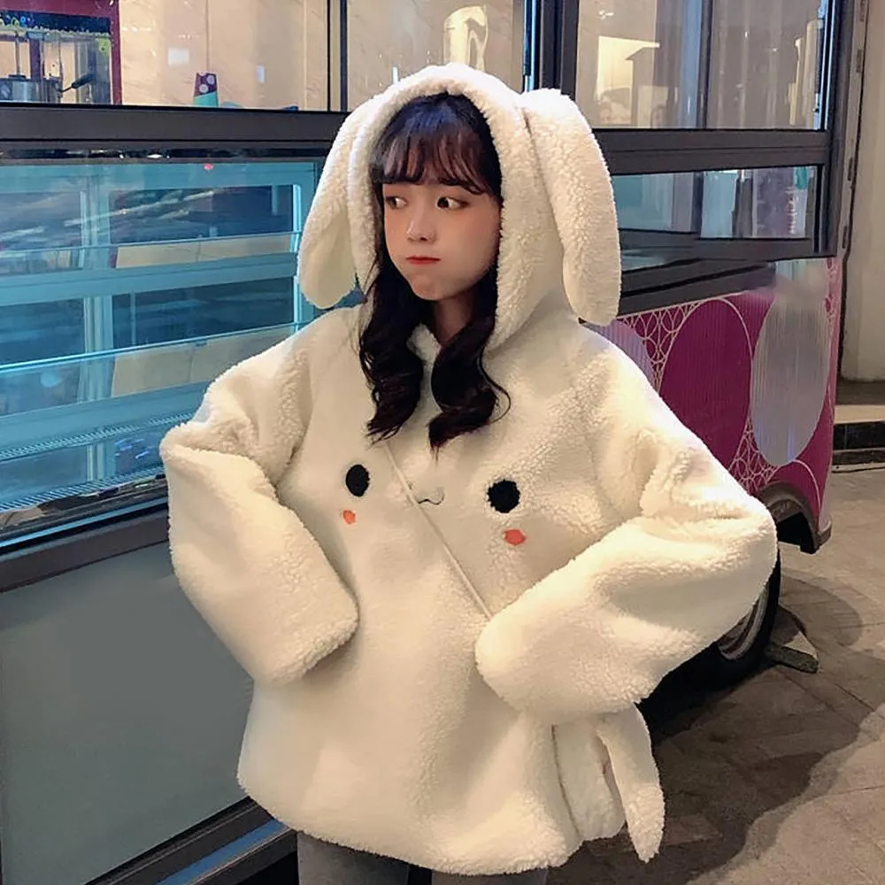 Bunny Rabbit Ear Fleece Women's Hoodie and Bag Cute Long Sleeve Girls Hoodie Kawaii Animal Harajuku