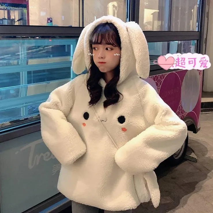 Bunny Rabbit Ear Fleece Women's Hoodie and Bag Cute Long Sleeve Girls Hoodie Kawaii Animal Harajuku