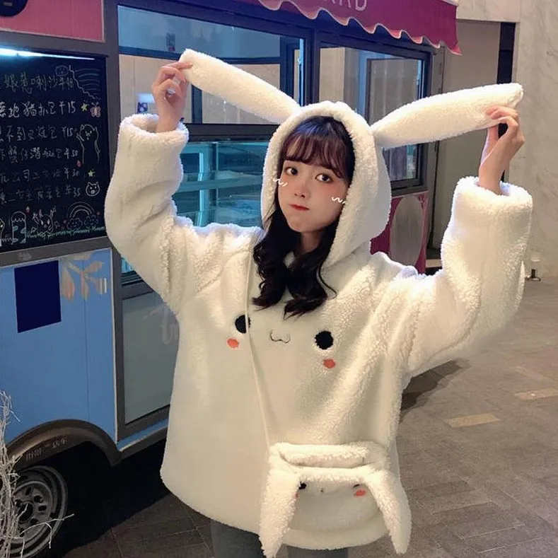 Bunny Rabbit Ear Fleece Women's Hoodie and Bag Cute Long Sleeve Girls Hoodie Kawaii Animal Harajuku