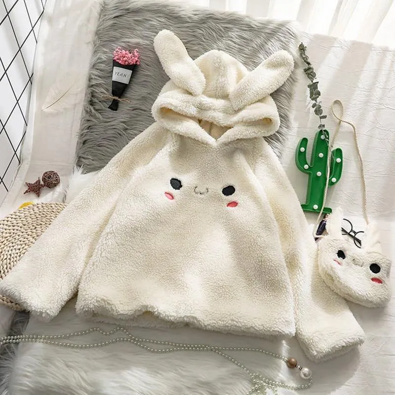 Bunny Rabbit Ear Fleece Women's Hoodie and Bag Cute Long Sleeve Girls Hoodie Kawaii Animal Harajuku