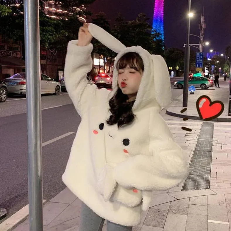 Bunny Rabbit Ear Fleece Women's Hoodie and Bag Cute Long Sleeve Girls Hoodie Kawaii Animal Harajuku