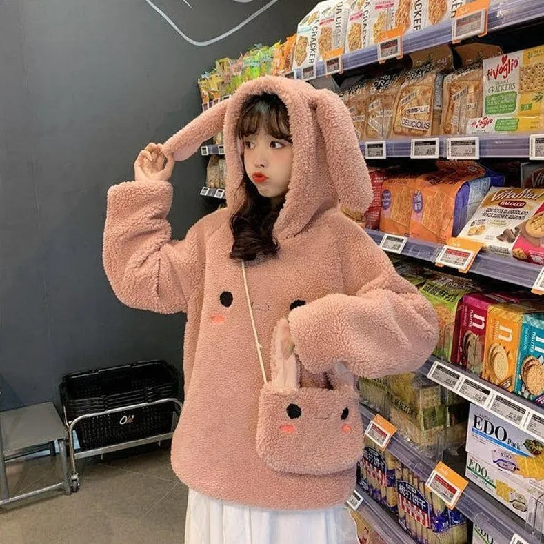 Bunny Rabbit Ear Fleece Women's Hoodie and Bag Cute Long Sleeve Girls Hoodie Kawaii Animal Harajuku