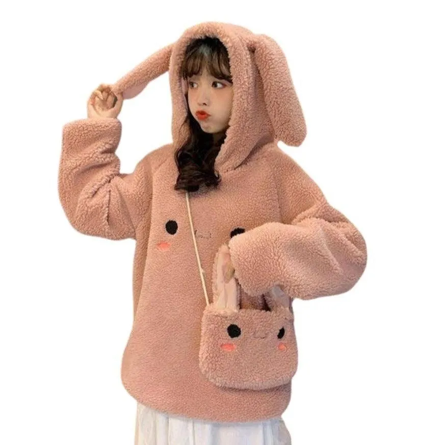 Bunny Rabbit Ear Fleece Women's Hoodie and Bag Cute Long Sleeve Girls Hoodie Kawaii Animal Harajuku