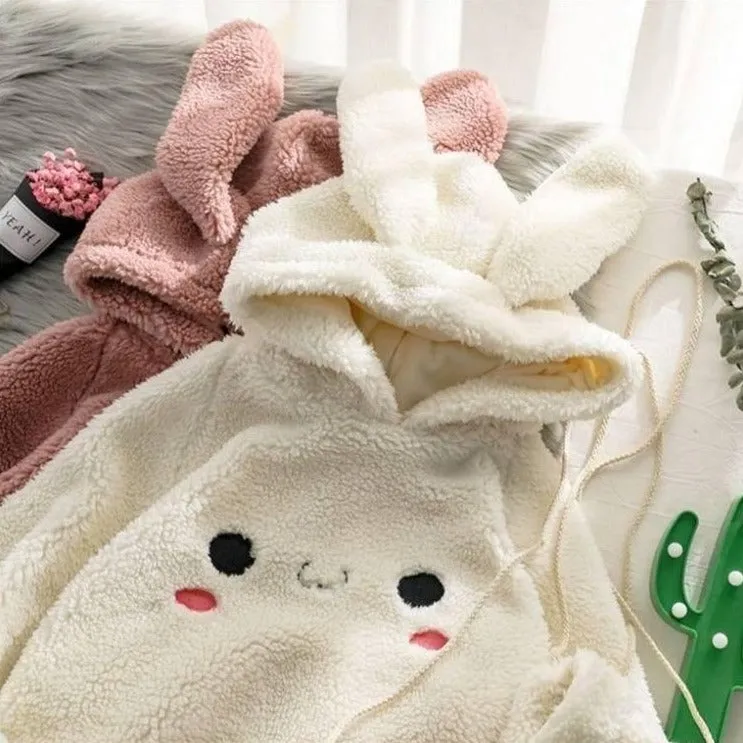 Bunny Rabbit Ear Fleece Women's Hoodie and Bag Cute Long Sleeve Girls Hoodie Kawaii Animal Harajuku