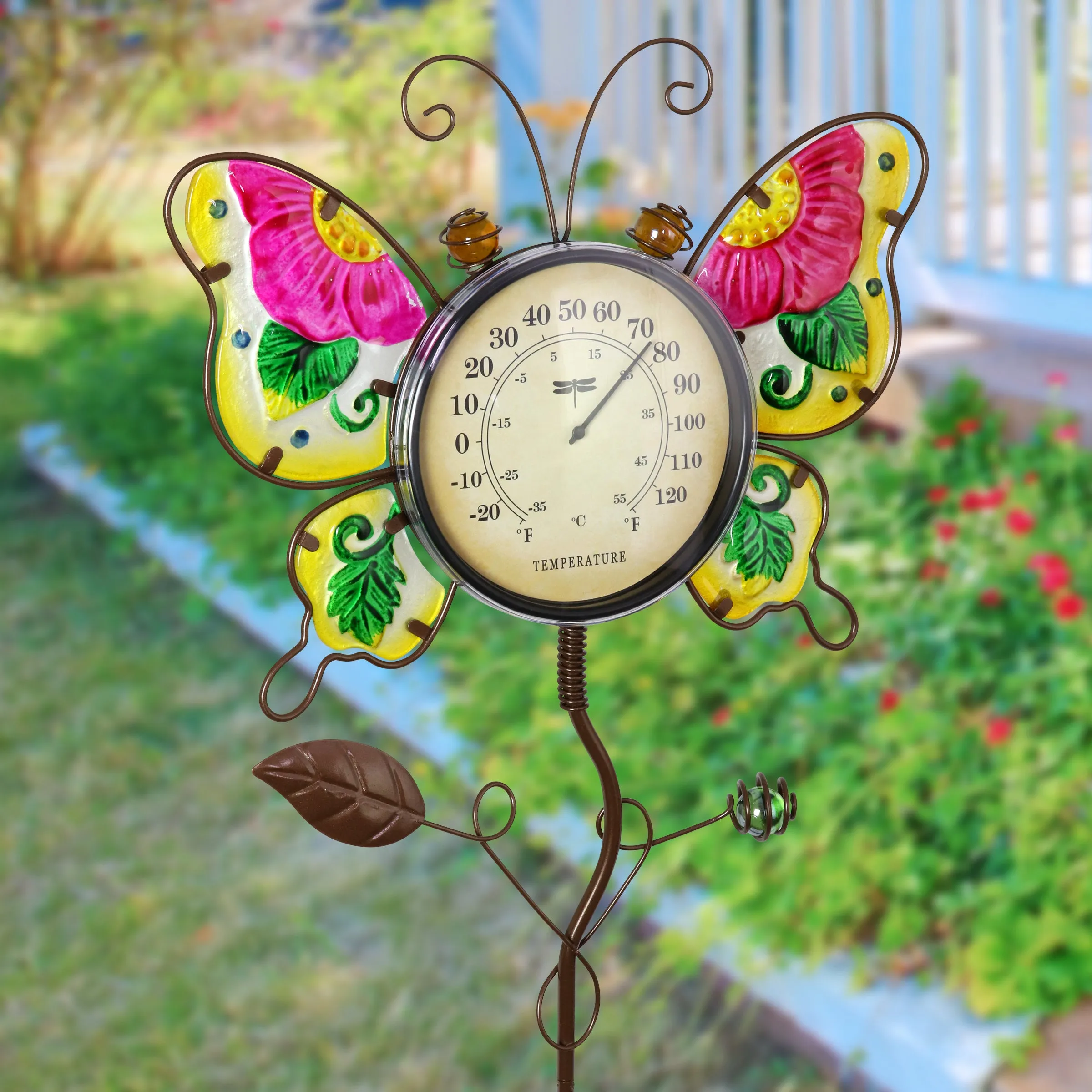 Butterfly Thermometer Garden Stake Hand Painted and Made of glass and metal, 36 inches
