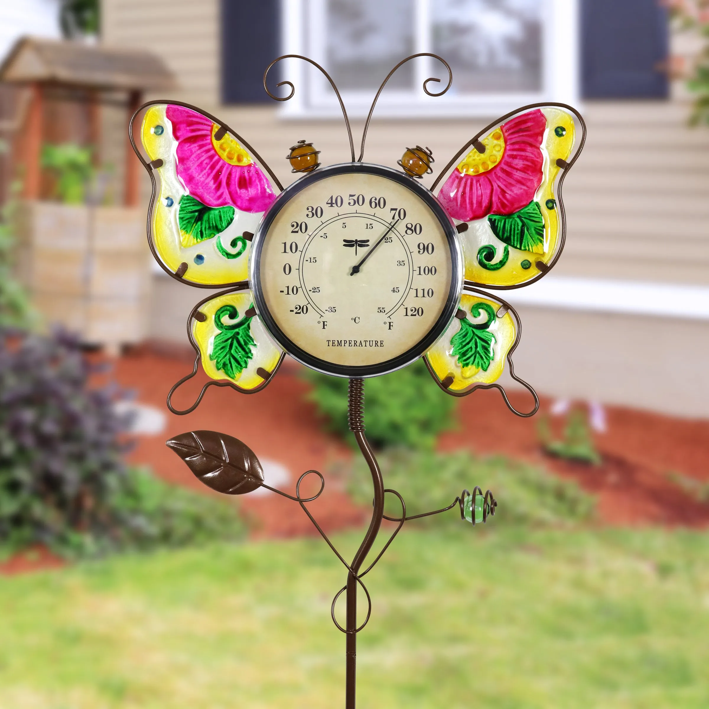 Butterfly Thermometer Garden Stake Hand Painted and Made of glass and metal, 36 inches