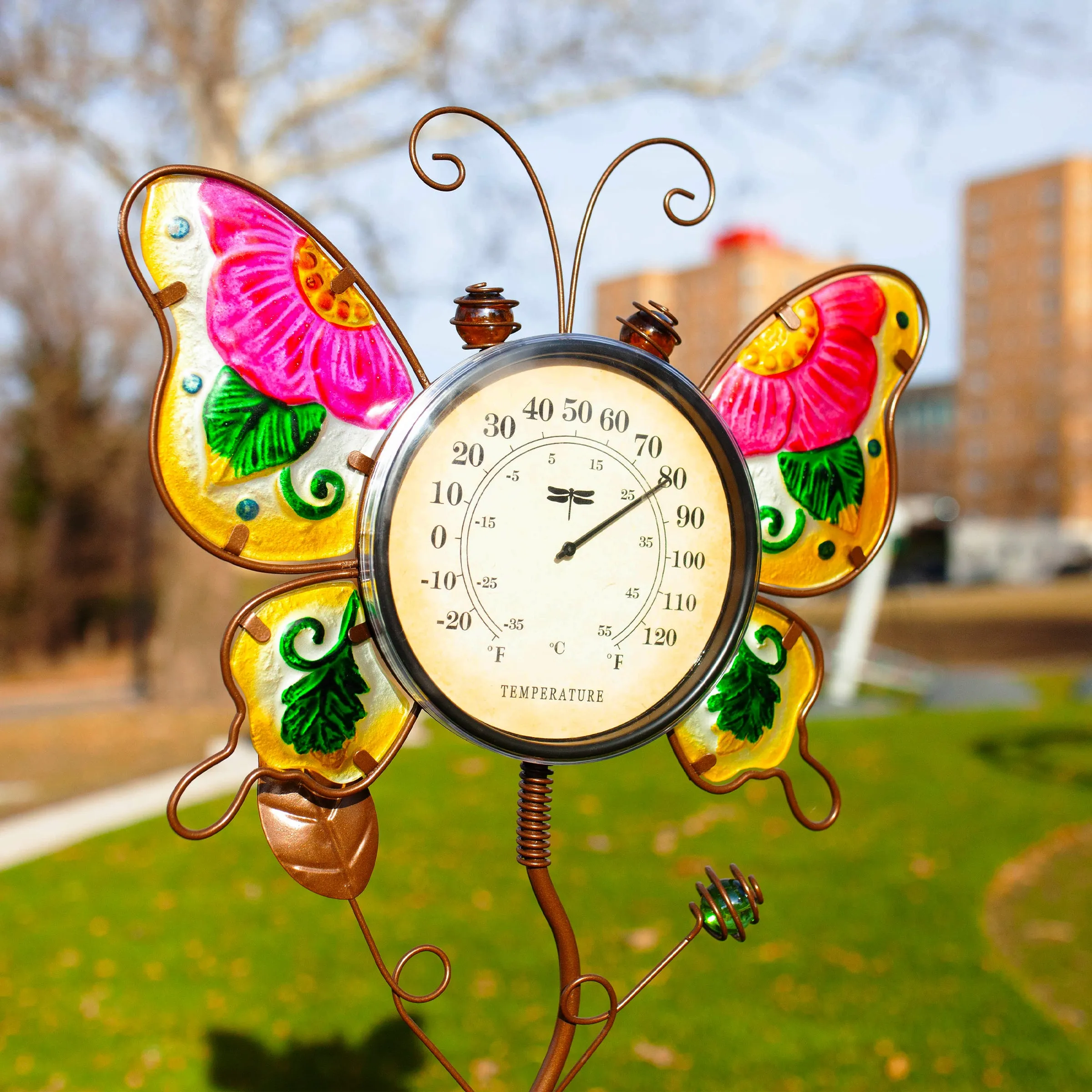 Butterfly Thermometer Garden Stake Hand Painted and Made of glass and metal, 36 inches