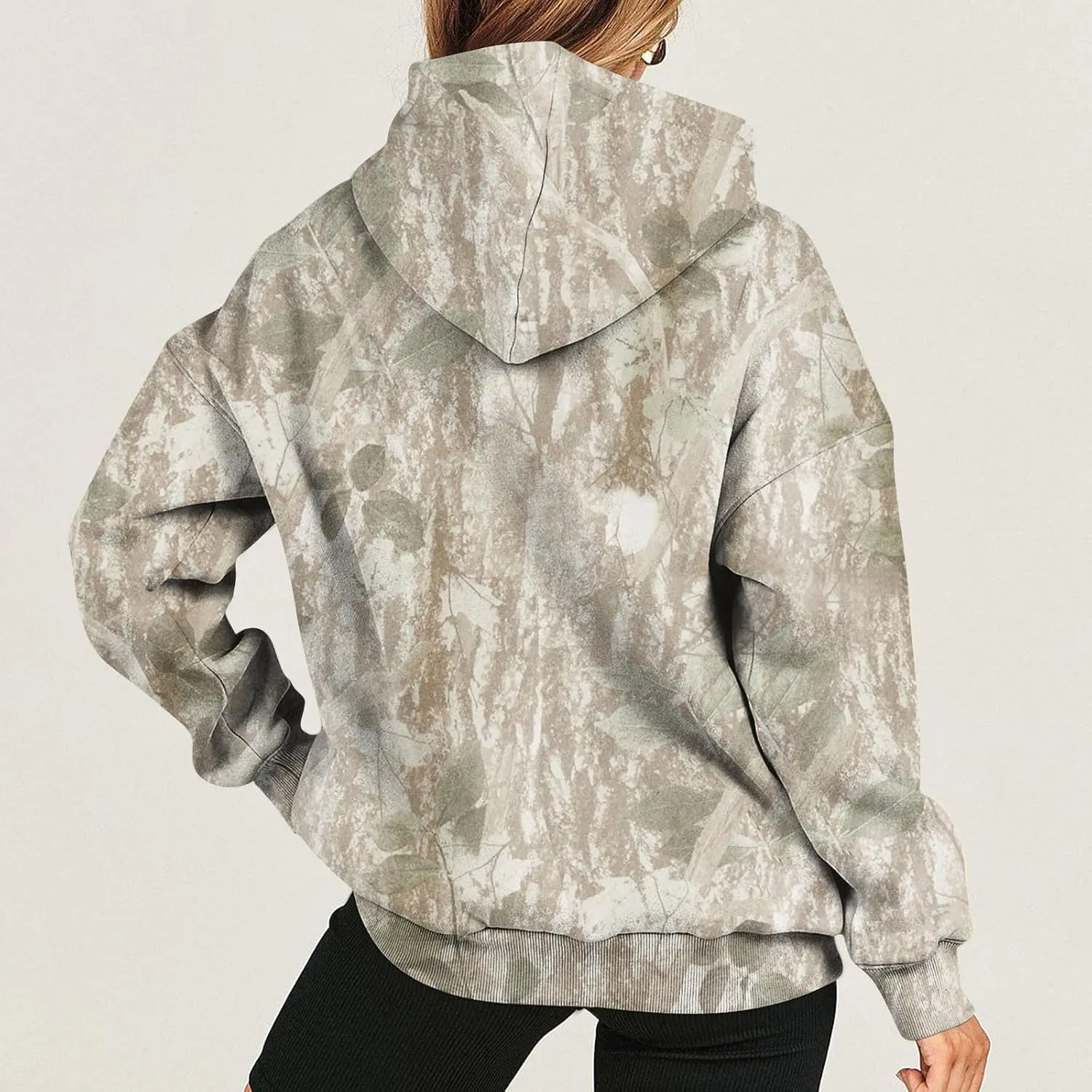 Camo Hoodie Women Casual Loose Fit Sweatshirts Maple Leaf Print Oversized Pullover with Pocket Fall Clothes