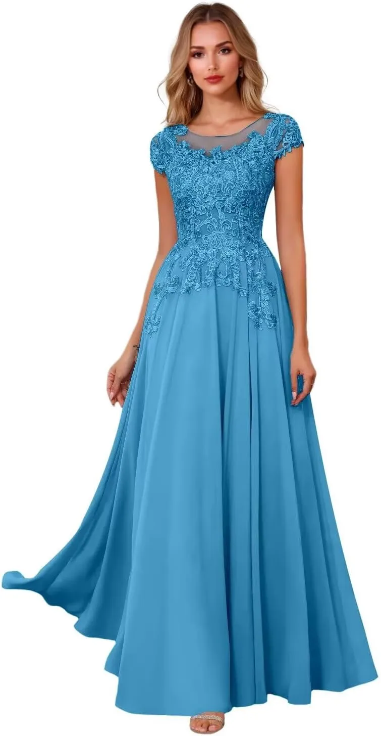 Cap Sleeve Mother of The Bride Dresses for Women Lace Appliques Mother of The Groom Dresses Round Neck Formal Dress