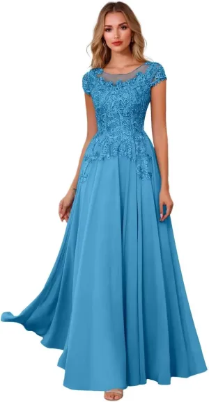 Cap Sleeve Mother of The Bride Dresses for Women Lace Appliques Mother of The Groom Dresses Round Neck Formal Dress