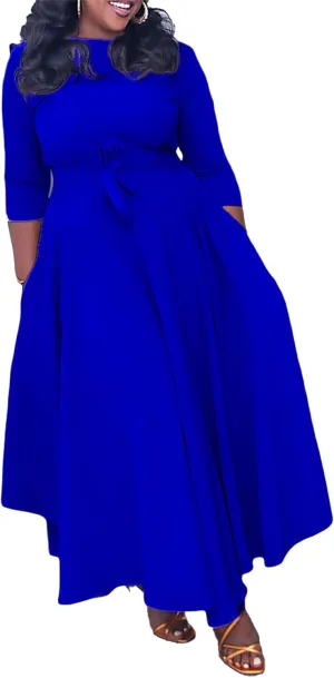 Casual Plus Size Maxi Dress for Women African Print Long Dress 3/4 Sleeve Flowy Ruffle Dress with Belt 2025 Fashion