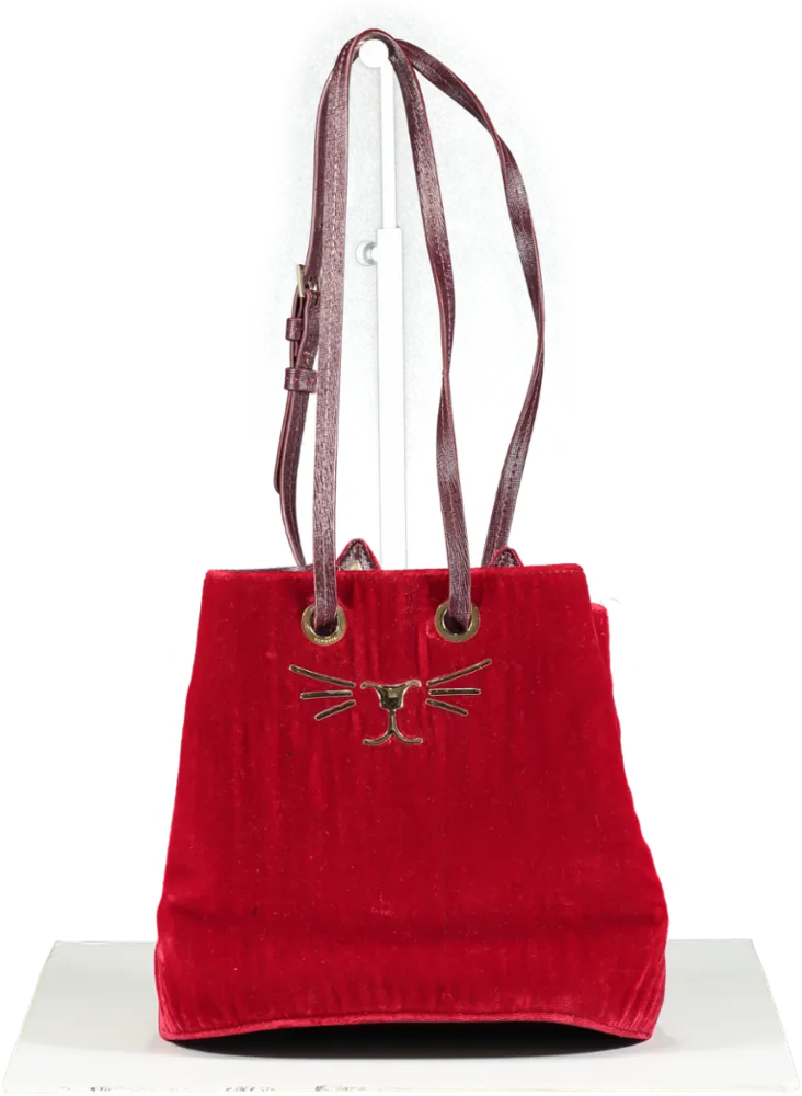 Charlotte Olympia Red Feline Cat Bucket Bag Velvet Cross Body/top Handle One Size