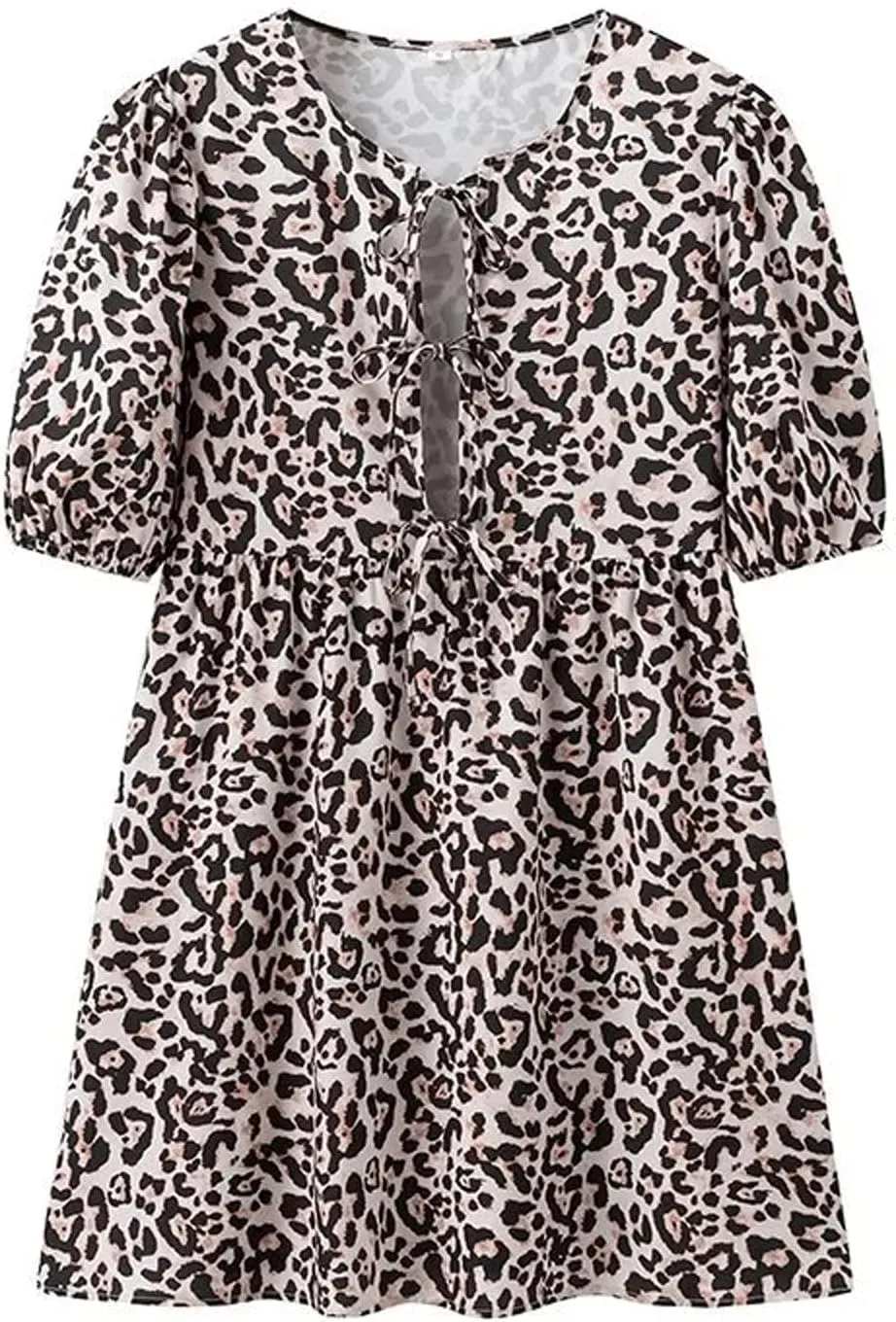 CHARTOU Women's Cute Bow Tie Front Mini Dress Babydoll Puff Short Sleeve Dresses Ruffle Y2k Peplum Sundress