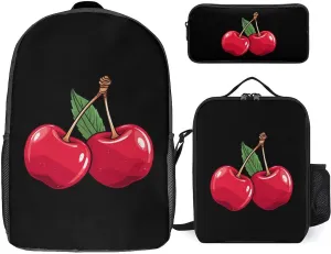 Cherries 3Pcs Backpack Set 17 Inch Laptop Backpack Travel Daypack with Lunch Box Pencil Case