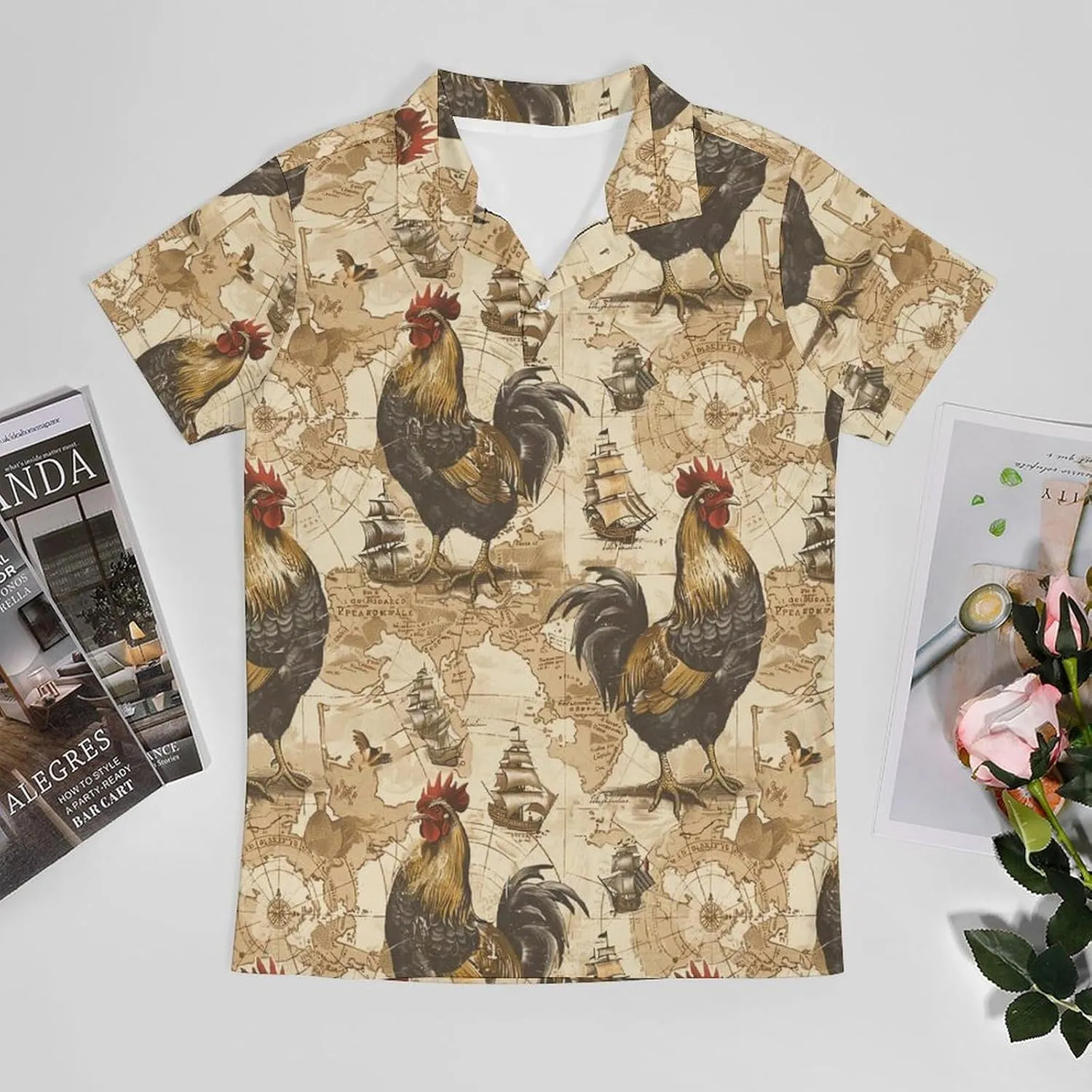 Chicken Ship Navigation Map Classic Polo Shirts for Men Quick Dry Short Sleeve Fit Golf Tees Casual Tops