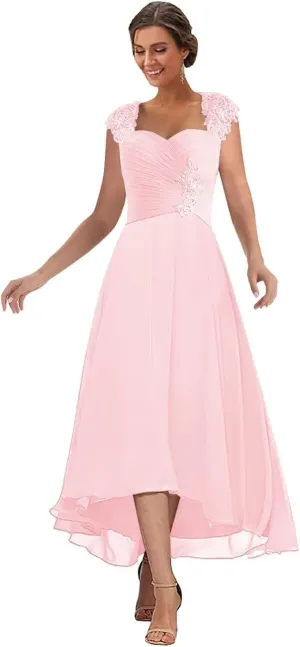 Chiffon Tea Length Mother of The Bride Dresses for Wedding Lace Appliques Formal Evening Gowns with Sleeves