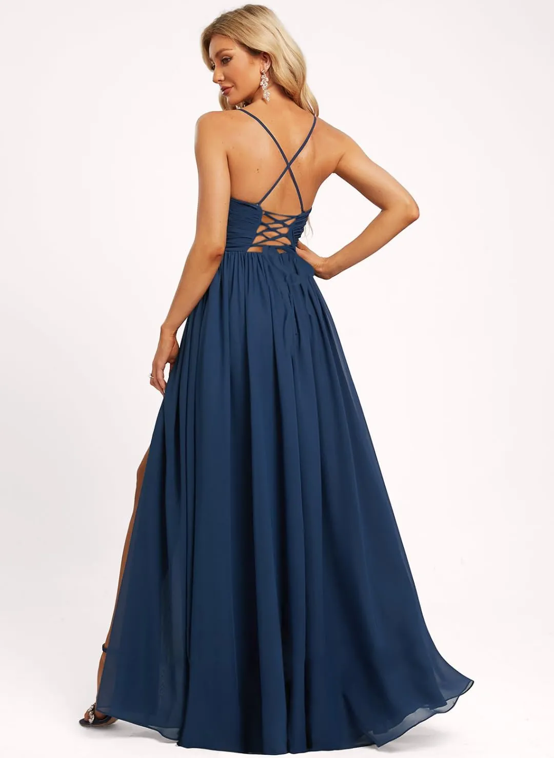 Chiffon V Neck Split Bridesmaid Dresses Long for Women with Pockets Empire Waist Pleated Formal Party Dress
