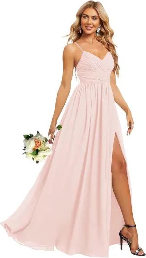 Chiffon V Neck Split Bridesmaid Dresses Long for Women with Pockets Empire Waist Pleated Formal Party Dress