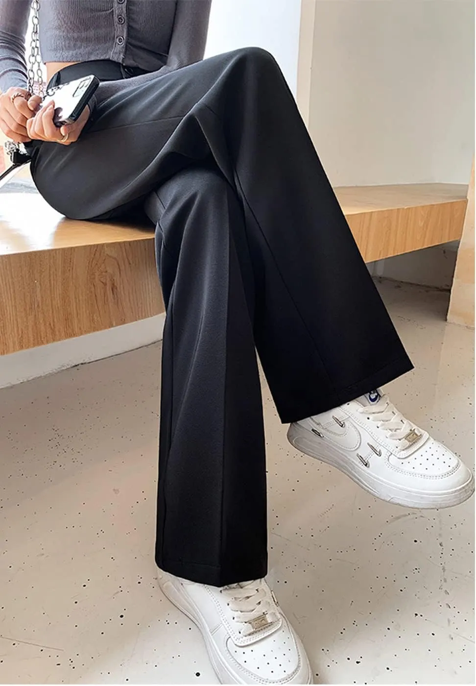 Cocoinsity Women Casual Suit Pants High Waist Solid Button Down Straight Loose Trousers