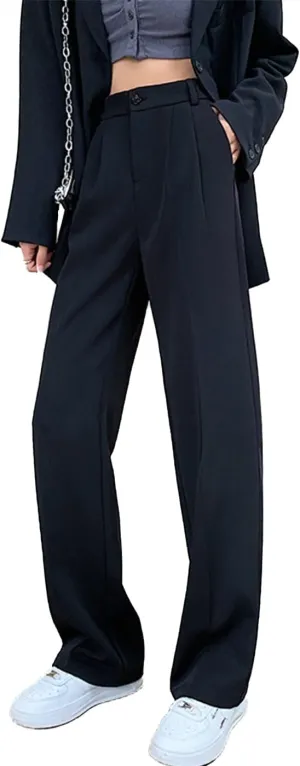 Cocoinsity Women Casual Suit Pants High Waist Solid Button Down Straight Loose Trousers