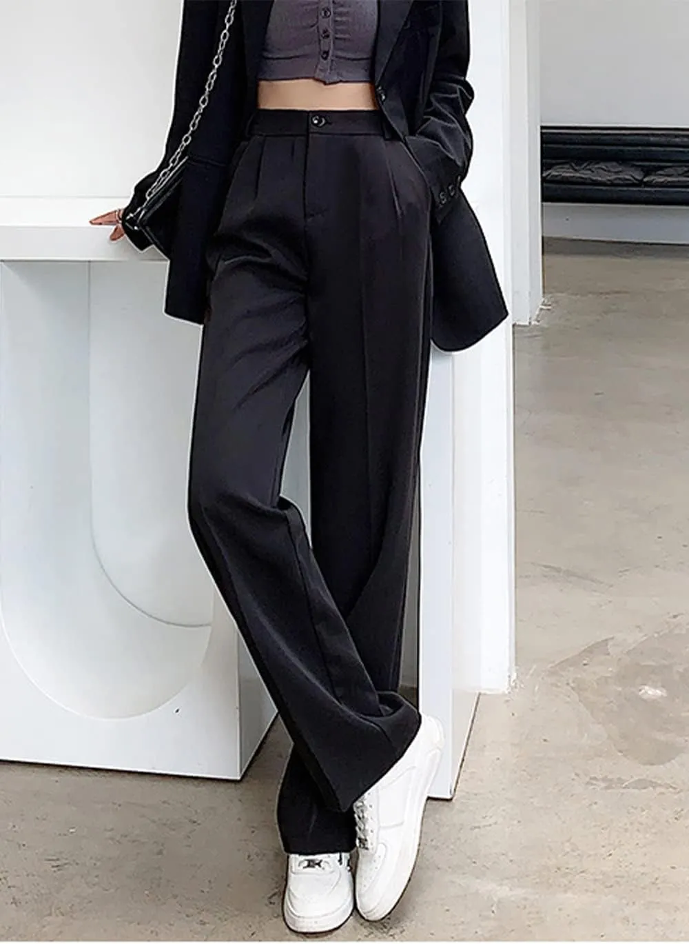 Cocoinsity Women Casual Suit Pants High Waist Solid Button Down Straight Loose Trousers