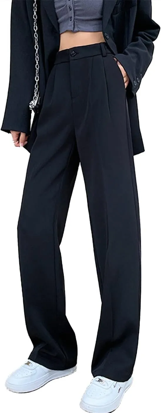 Cocoinsity Women Casual Suit Pants High Waist Solid Button Down Straight Loose Trousers