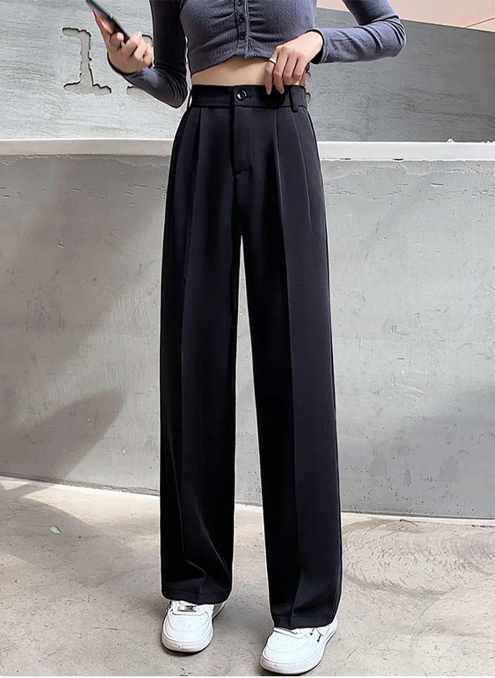 Cocoinsity Women Casual Suit Pants High Waist Solid Button Down Straight Loose Trousers