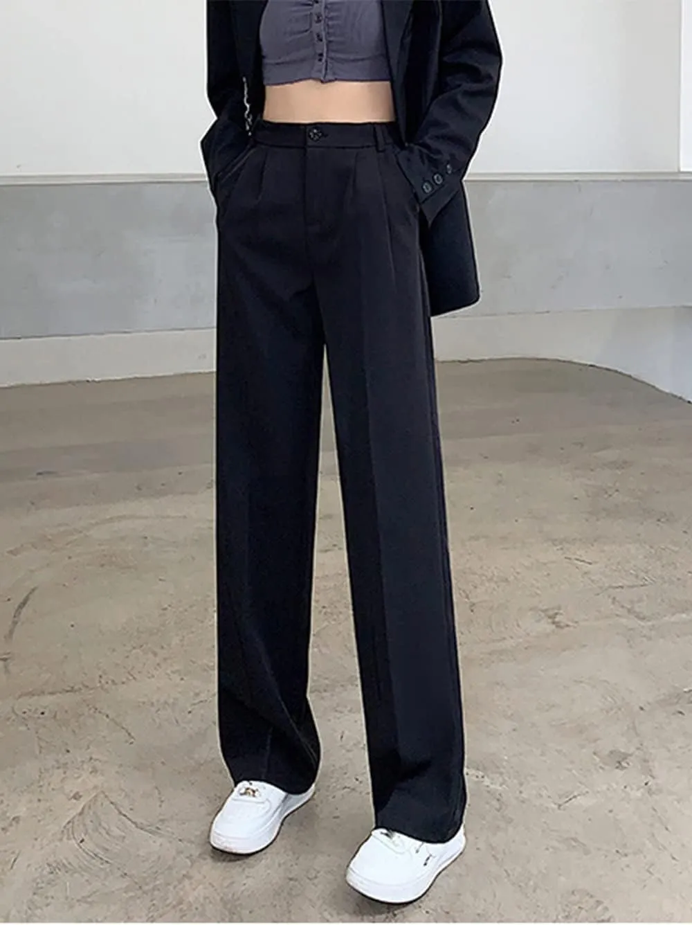Cocoinsity Women Casual Suit Pants High Waist Solid Button Down Straight Loose Trousers