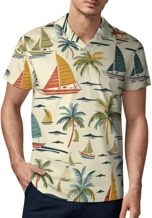 Coconut Tree Sailing Boat Classic Polo Shirts for Men Quick Dry Short Sleeve Fit Golf Tees Casual Tops
