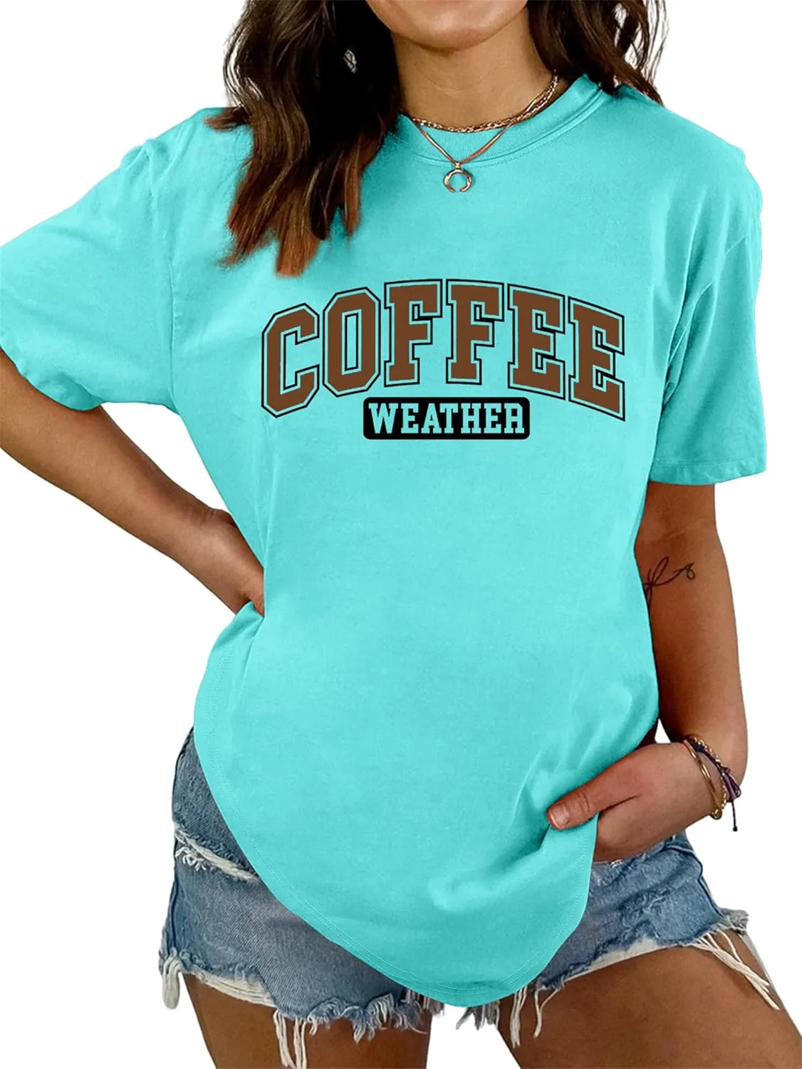 Coffee Weather Shirts for Women Crew Neck Coffee Lover T-Shirt Casual Graphic Tees Short Sleeve Summer Tops