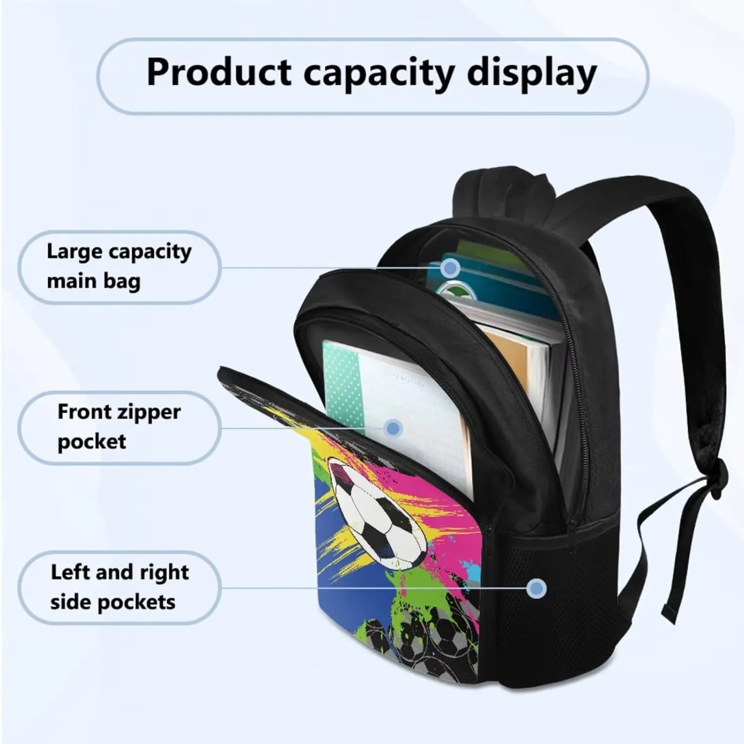 Colorful Football Kids Backpacks Boys Student Children 3Pcs Bookbag Set with Lunch Box Pencil Case 17 inch Cool School Bag for Teens 6-8 Years Old Primary Elementary Middle School