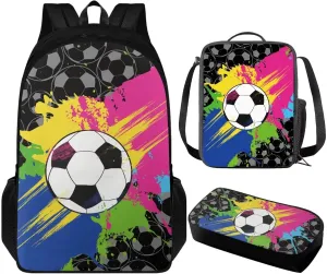 Colorful Football Kids Backpacks Boys Student Children 3Pcs Bookbag Set with Lunch Box Pencil Case 17 inch Cool School Bag for Teens 6-8 Years Old Primary Elementary Middle School